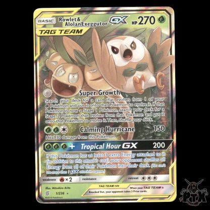 Rowlet & Alolan Exeggutor GX #1/236 Unified Minds MP/Moderatly Played Pokemon